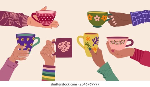 Mãos diferentes segurando xícaras de chá ou café. Ilustração vetorial desenhada à mão isolada no fundo claro, estilo de desenho animado plano moderno.