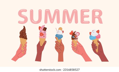 Different hands holding ice creams in wafer style cone. Summer concept. Vector cartoon flat style illustration