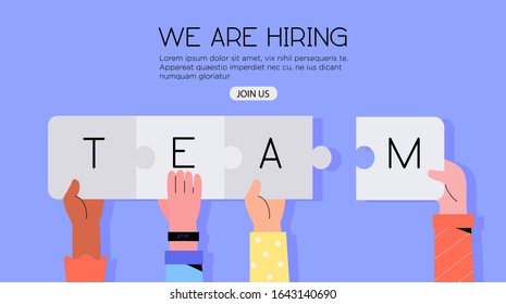 Different hands holding jigsaw puzzle with a word team. Concept or we are hiring or join our team banner, flyer, landing page or social media post. Team building or free vacancy and job opportunity.