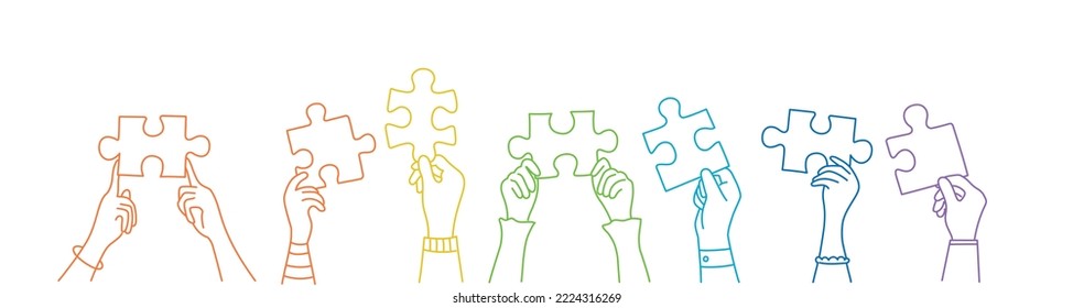 Different hands holding a jigsaw puzzle piece which joins another puzzle piece. Hand drawn color line vector illustration.