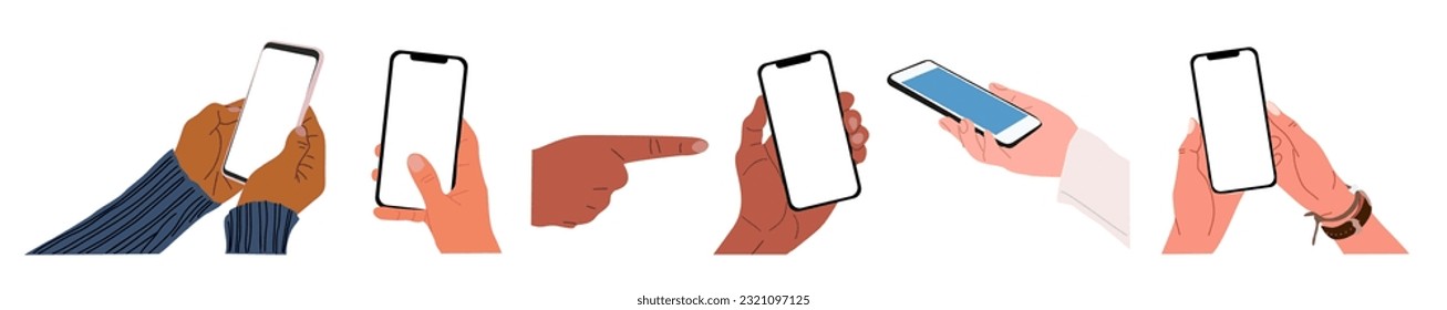 Different Hands holding mobile phones set. Fingers touching, scrolling smartphone screens, using applications. Empty screen, phone mockup. Flat vector illustration isolated on transparent background.