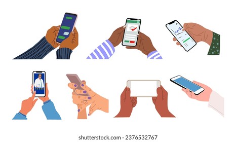 Different Hands holding mobile phones vector set. 