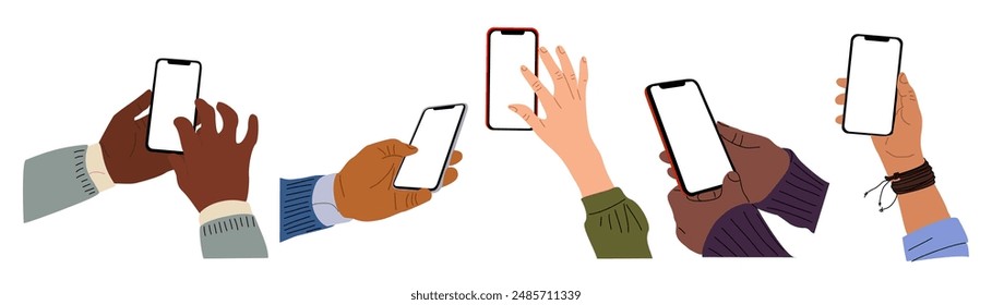 Different Hands holding mobile phones set. Fingers touching, scrolling smartphone screens, using applications. Empty screen, phone mockup. Flat vector illustration isolated on white background.