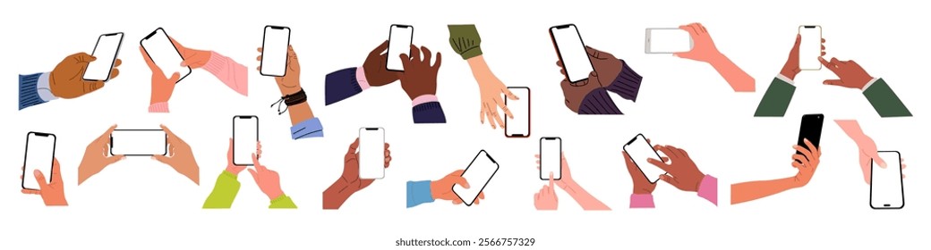 Different Hands holding mobile phones set. Fingers touching, scrolling smartphone screens, using applications. Empty screen, phone mockup. Flat vector illustration isolated on white background.