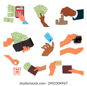 Different hands holding Money, credit card, wallet, coins, empty purse. Dollar Currency, bank notes in fingers icon. Finance, payment concept. Flat vector illustrations on white background