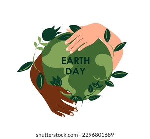 Different Hands holding planet Earth with green leaves growing on it isolated,white background.Ecological movement,ecology support,responsibility for nature.Flat vector illustration in line art style