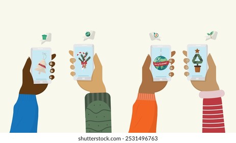 Different hands holding smartphone with christmas screen. Eco-Friendly Digital Christmas Greetings on Smartphones. Sustainable christmas marketing banner. Flat vector illustration