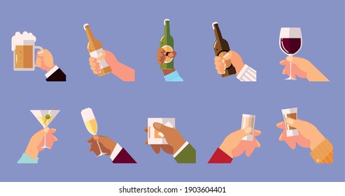 Different Hands Holds Glasses Cup Bottles Drinks Cheers Concept Vector Illustration