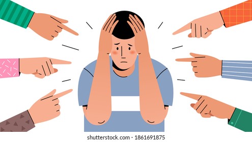 Different hands indicate a frightened young man. A victim of bullying.