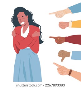 Different hands indicate a frightened young woman. A victim of bullying. Sad girl suffers from psychological abuse. Weeping woman surrounded by hands. Public censure. Flat vector illustration