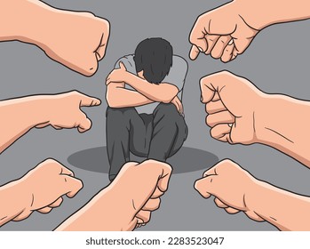 Different hands indicate a frightened young man. A victim of bullying.
Social disapproval. Sad or depressed young man surrounded by hands with index fingers pointing at him. vector illustration