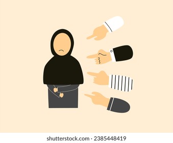 Different hands indicate a frightened young women. A victim of bullying. Illustration of bullying. 