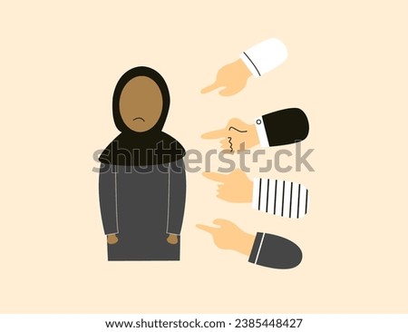Different hands indicate a frightened young women. A victim of bullying. Illustration of bullying. 