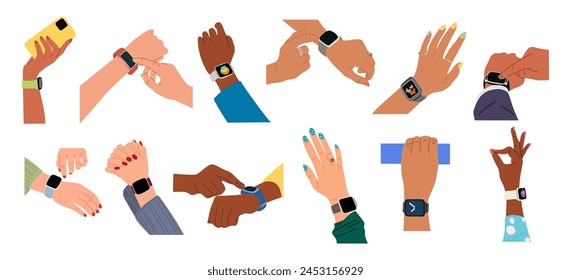 Diferentes manos masculinas y femeninas usando reloj inteligente en la muñeca. Concepto de tecnología moderna. Vector coloridas ilustraciones conjunto aislado sobre fondo blanco. 