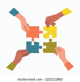 Different hands put together a puzzle. Flat style cartoon vector illustration.  - Shutterstock ID 2232122883