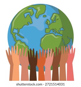 Diferentes manos que alcanzan para la Tierra simbolizan la diversidad de la unidad y la conexión global Ilustración vectorial de estilo dibujada a mano sobre fondo aislado blanco