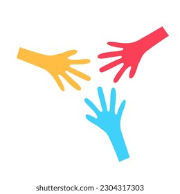 Different hands uniting and coming together. Vector drawing doodle icon illustration. Teamwork partnership