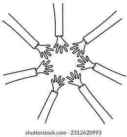 Different hands uniting and coming together. Vector drawing doodle icon illustration. Teamwork partnership