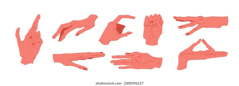 Verschiedene Hände, Vektorset. Die Positionen der Hände und Finger in einem flachen Skizzenstil einzeln auf weißem Hintergrund.