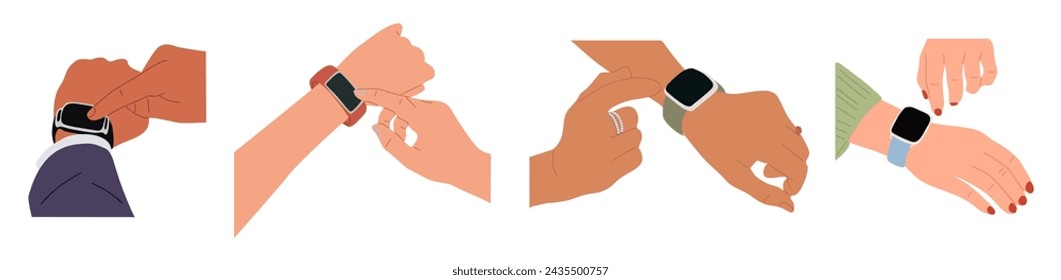 Different hands wearing smart watch on wrist.
