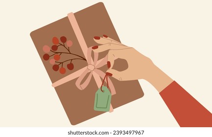 Diferentes manos envolviendo regalos navideños. Sujete y amarre el arco de cinta, nudos en las cajas actuales en papel festivo. Preparando Navidad, Año Nuevo, cumpleaños, sorpresas de San Valentín. Ilustraciones vectoriales