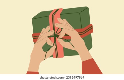 Different hands wrapping Christmas gifts. Hold and tie ribbon bow, knots on present boxes in festive paper. Preparing Xmas, New year, birthday, Valentine's Day surprises. Vector illustrations