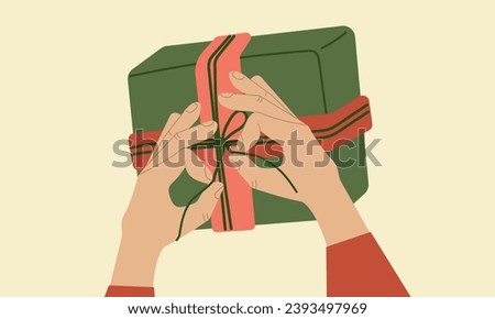 Different hands wrapping Christmas gifts. Hold and tie ribbon bow, knots on present boxes in festive paper. Preparing Xmas, New year, birthday, Valentine's Day surprises. Vector illustrations