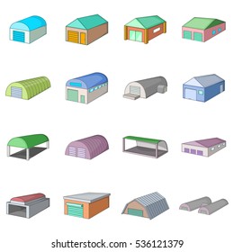 Different hangars icons set. Cartoon illustration of 16 different hangars vector icons for web