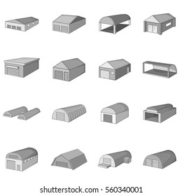 Different hangars icons set in monochrome style isolated on white background