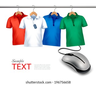 Different hangers with shirts and a computer mouse. Concept of e-shopping and sale. Vector.