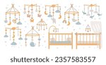 Different hanging baby crib mobile and bed for newborn isolated set in Scandinavian doodle style. Vector illustration of handmade and modern child bedroom colorful decoration for ease sleeping
