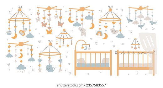 Different hanging baby crib mobile and bed for newborn isolated set in Scandinavian doodle style. Vector illustration of handmade and modern child bedroom colorful decoration for ease sleeping