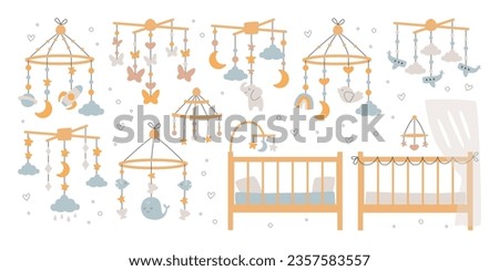 Different hanging baby crib mobile and bed for newborn isolated set in Scandinavian doodle style. Vector illustration of handmade and modern child bedroom colorful decoration for ease sleeping