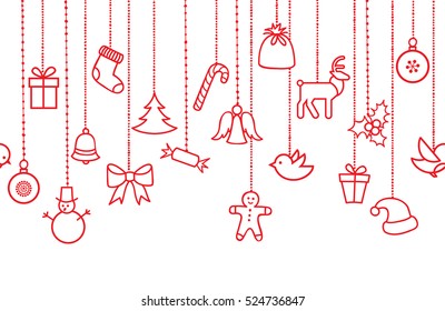 Different hanging Christmas ornaments: Christmas bauble, santa hat, reindeer, angel, gift box, sock,  robbin bird, berry,  Christmas tree seamless garland. Various border isolated on white.