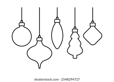 Diferentes brinquedos pendurados da árvore de Natal. Silhueta linear com contorno preto. Traçados editáveis. Vista frontal horizontal. Ilustração gráfica plana simples vetorial. Objeto isolado no plano de fundo branco. Isolar.