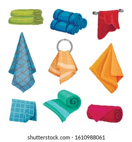 Different Hanging and Folded Towels for Kitchen and Bathroom Vector Set