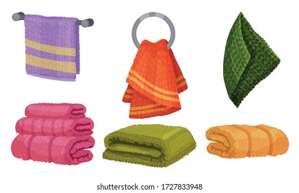 Different Hanging and Folded Towels for Kitchen and Bathroom Vector Set