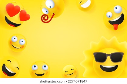 Different happy emojis. 3d vector banner with copy space