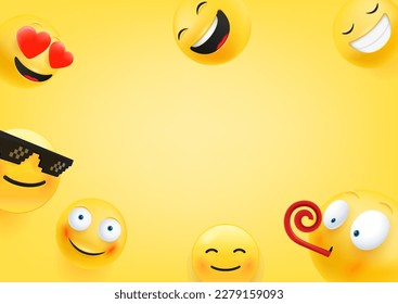 Verschiedene glückliche Emojis. 3D-Vektorbanner mit Kopienraum