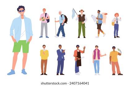 Different happy excited male cartoon characters hobby recreation and job occupation big set