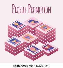 Different happy people profiles vector illustration. Dating application, love at a distance or people communicating. Isometric concept.
