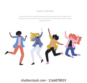 Different happy woman - black and white - dancing. Equality illustration