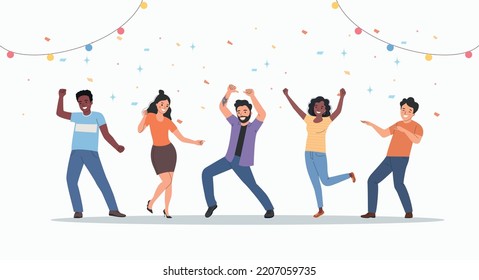 Different happy young women and men dancing. Party people dancing under confetti. Corporate holiday. Flat style cartoon vector illustration. 