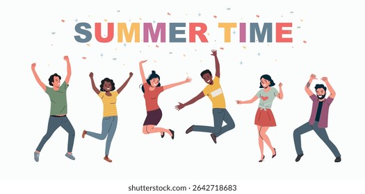 Different happy young women and men dancing. Party people dancing under confetti. Summer time. Flat style cartoon vector illustration. 
