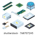 Different hardware parts and components of personal computer. Vector isometric pictures set. Memory and hdd device illustration