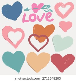 Verschiedene Herzen und Wort "Liebe". Handzeichnung, Pinseltextur. Vektor einzeln. 