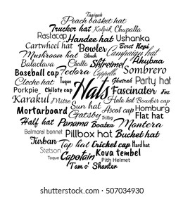 different hat styles word cloud. vector illustration of variety headwear