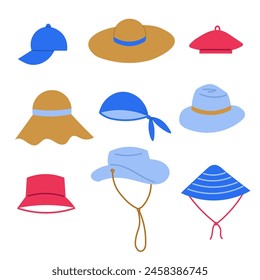 DIfferent Hats handgezeichnete Vektorgrafik Sommer Accessoires isolierter Hintergrund. Cap, Panama, Bandana, Basketball, Baseball, Herren Bowler, Frauen Strohhut, Kopfschutz-Set. Illustration des Cartoon-Stils