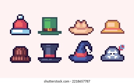 Different hats, headgear pixel art set. Headdress, caps collection. Leprechaun, Santa Claus, pirate, witch hat. 8 bit sprite. Game development, mobile app.  Isolated vector illustration.