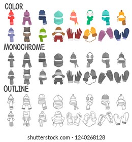 Different hats, scarfs and gloves in color flat, outline and monochrome design icons set